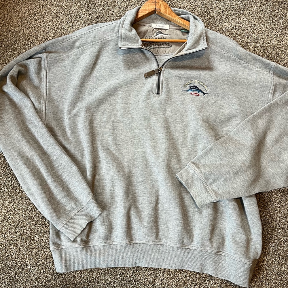 Tommy Bahama Relax Gray Quarter-Zip Sweatshirt 100% Cotton size Extra large XL